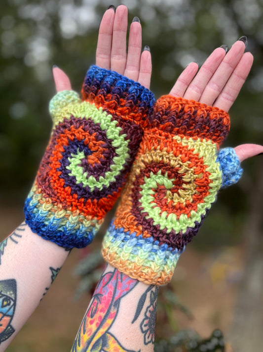 Bold Rainbow Swirl Fingerless Gloves