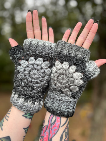 Grayscale Flower Power Fingerless Gloves