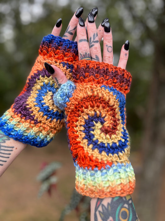 Bold Rainbow Swirl Fingerless Gloves