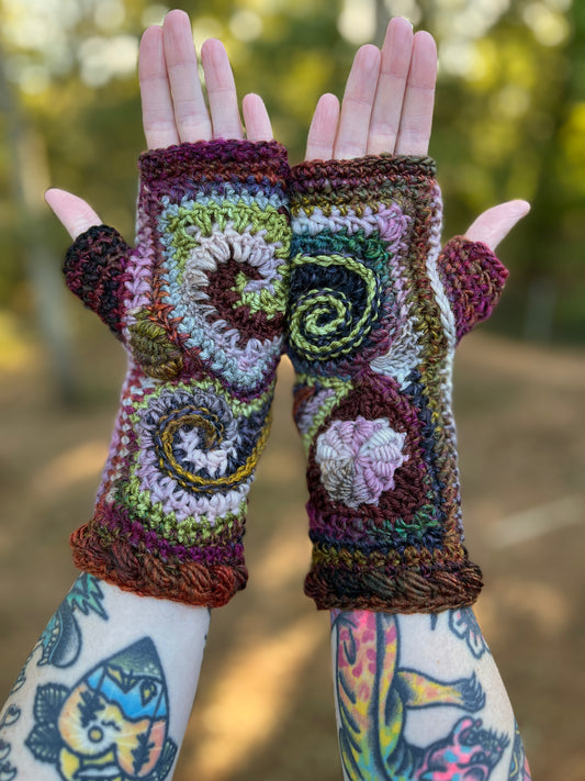 Earthy Freeform Crochet Gloves #2